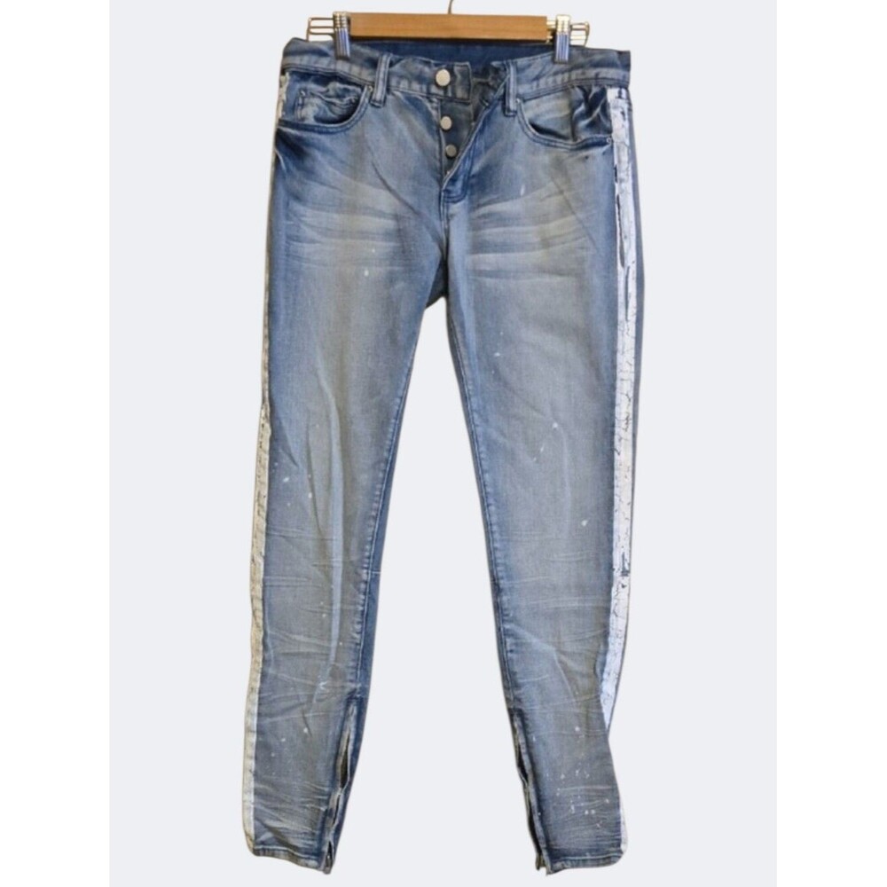 MNML Jeans Men's sz 32 Light Blue button-fly‎ Side-Stripe paint splatter whisker